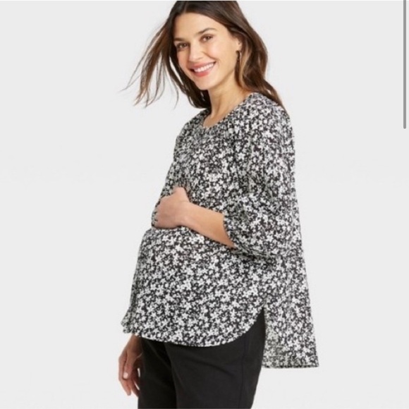2/$15 The Nines by HATCH Black & White Floral Maternity 3/4 Length Sleeve Blouse - Picture 1 of 12